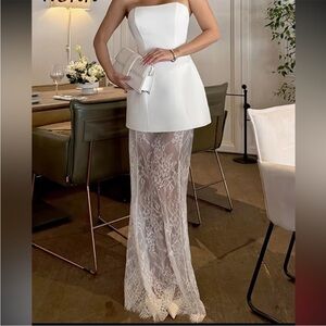 Elegant White Strapless Dress with Lace Overlay